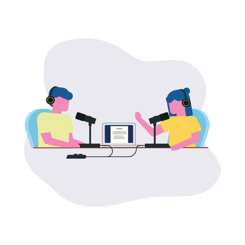 a man and a woman recording a podcast