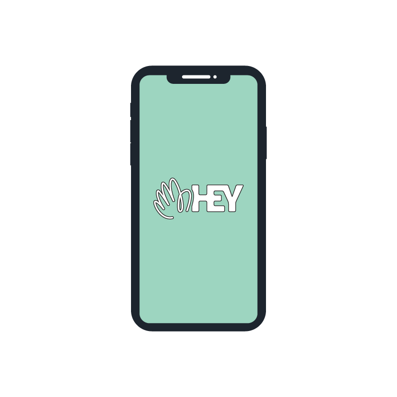 a mobile phone with the Hey logo