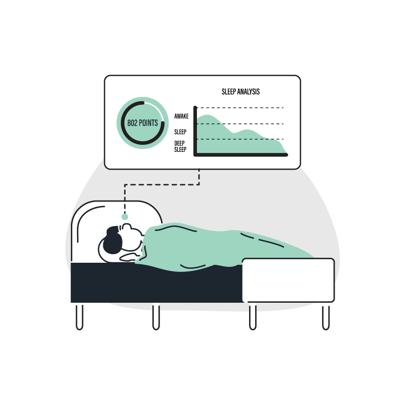 a person in bed with their sleep data displaying